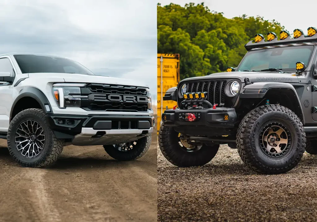 Two sets of off-road wheels by Fuel and Black Rhino facing each other in a rugged outdoor setting, with dirt and rocks scattered around